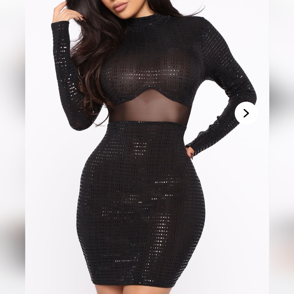 Fashion Nova Elegant Black Mesh Long Sleeve Dress